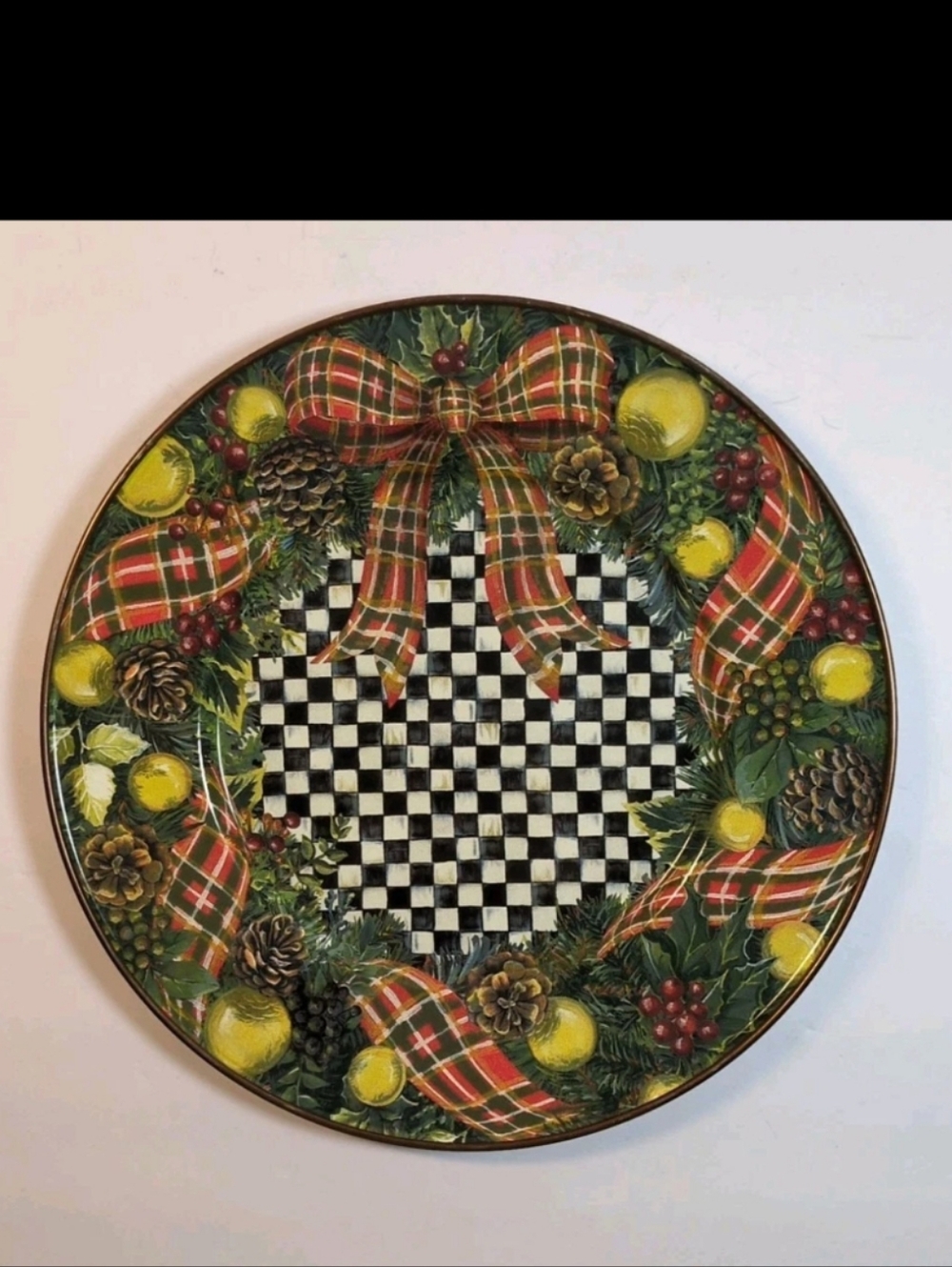 MacKenzie Childs Evergreen Courtly Check Enamel Salad Dessert Plate 8" Retired